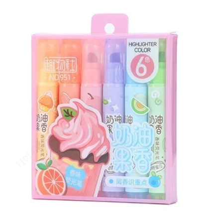 6pcs Creamy Fruity Aroma Highlighters Pastel Cute Highlighter Assorted Colors Dry Fast for Bible Journal School Office Supplies